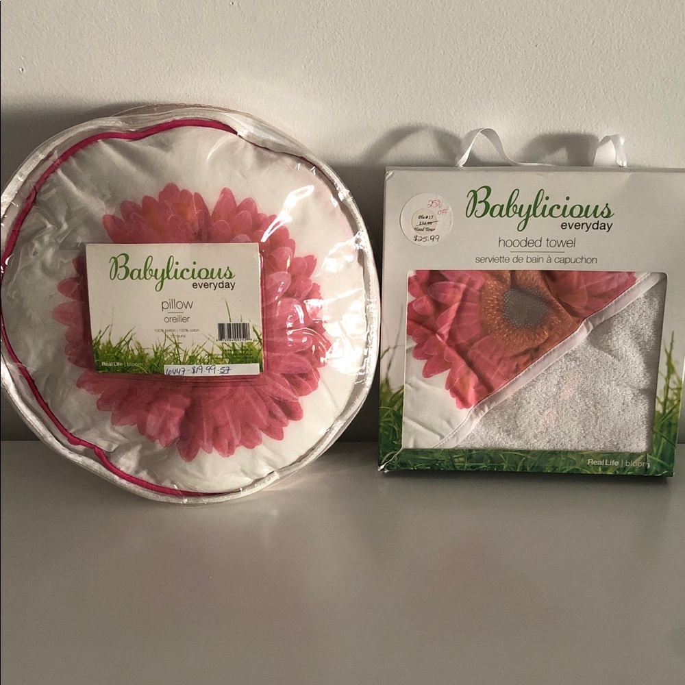 Babylicious Pink Flower Pillow and Hooded Towel Set and accent pillow. NWT lot